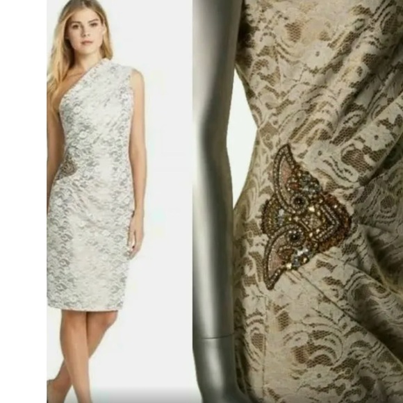 Eliza J Ivory Lace w Gold Overlay One Shoulder Jewel Detail Cocktail Dress 8 EUC - Picture 1 of 16